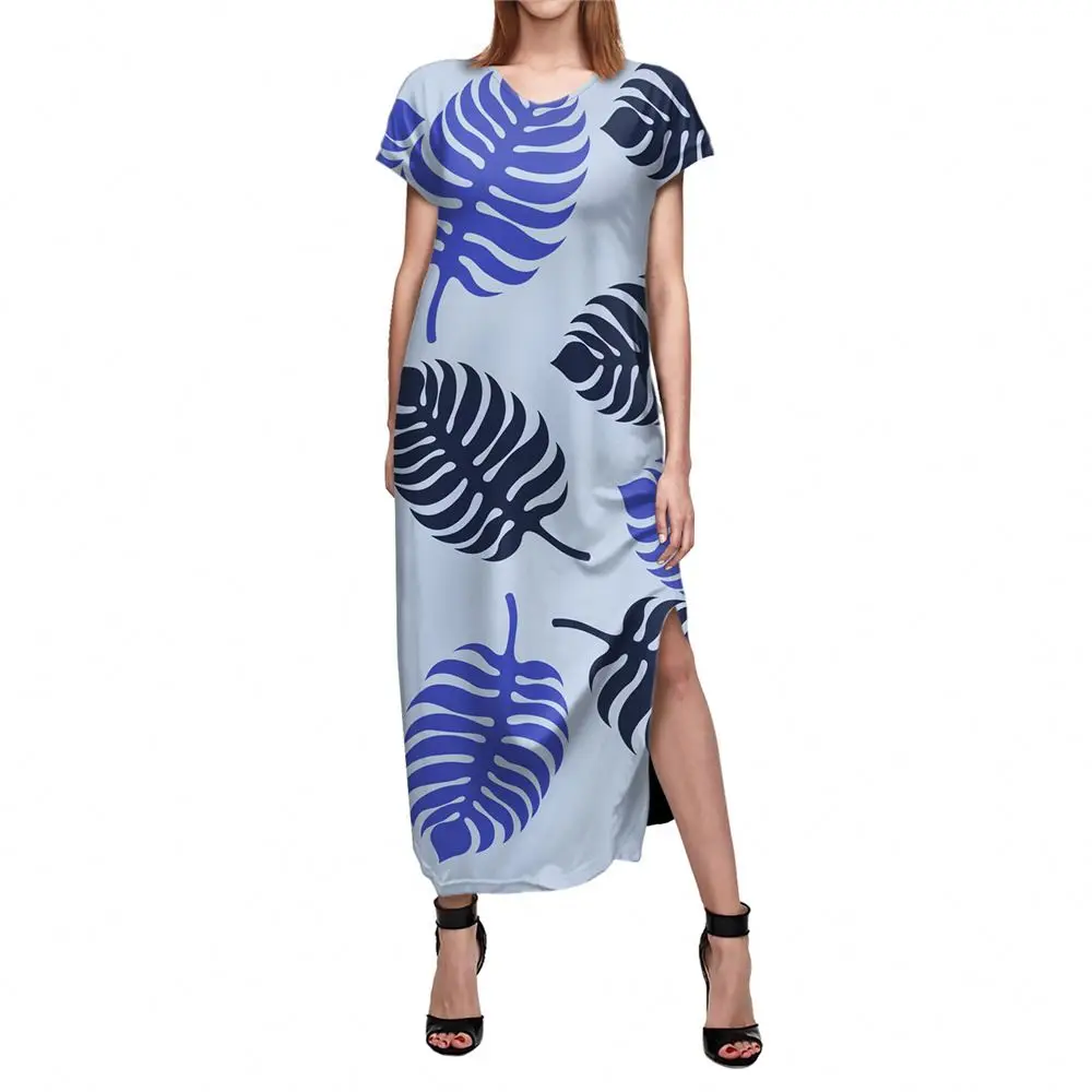 New Arrivals Polynesian Monster Leaf Pattern Print Custom Dress Short Sleeve High Slit Dresses Hibiscus Close-fitting Girl Dress