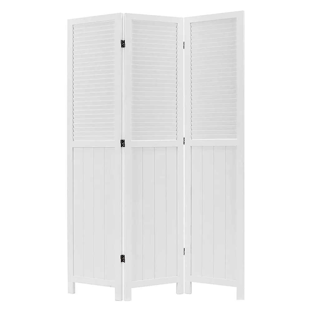 3-Panel Vintage White Louvered Wood Folding Room Divider