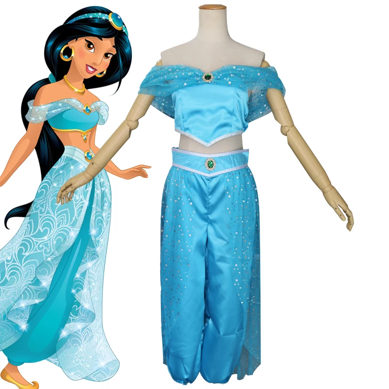 Kids Aladdin and the magic lamp Princess Jasmine Cosplay Costume Female Dance Dress Halloween Sky blue Girl Beautiful Ball Gowns