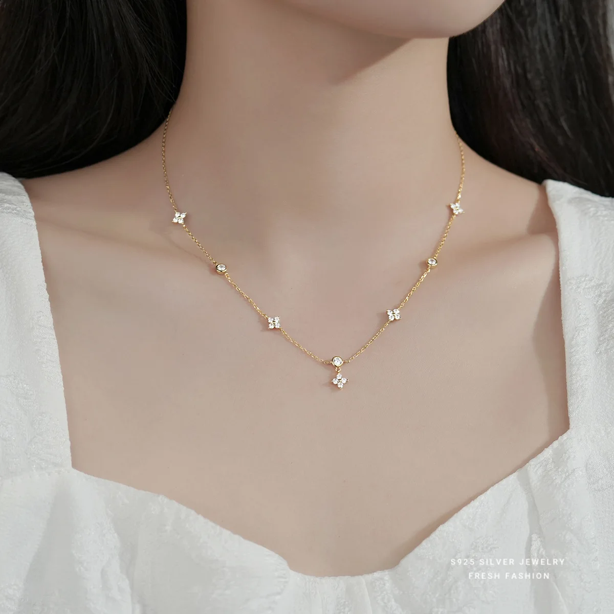 Exquisite 925 Sterling Silver Charm Four Leaf Flower Necklace Vintage Bohemian Zircon Chain Necklaces Women Fine Jewelry