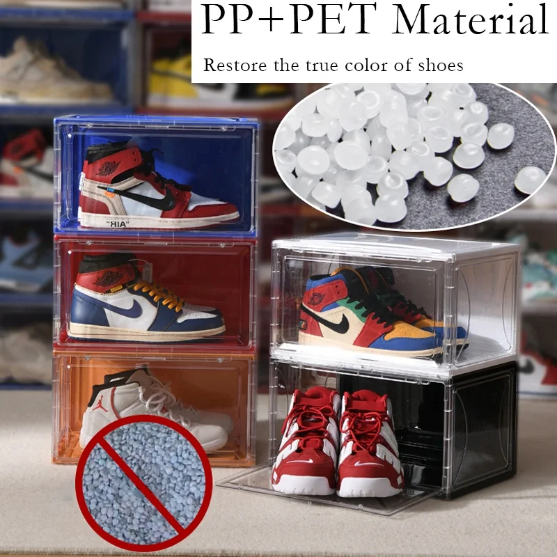 Ama Hot Selling Fashion Acrylic Plastic Magnetic Side Opening Stackable Folding Transparent Display Shoe Storage Box