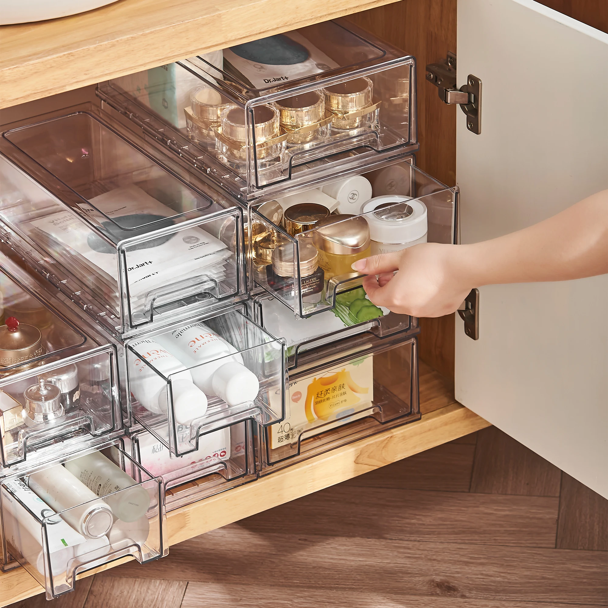 Chenyi Transparent Desktop Storage Containers Plastic Storage Box Dustproof Plastic Storage Bins with Simple Drawer Type