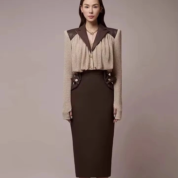 High-grade leather patchwork fashion two pieces set temperament lapel shirt coffee color slit skirt set
