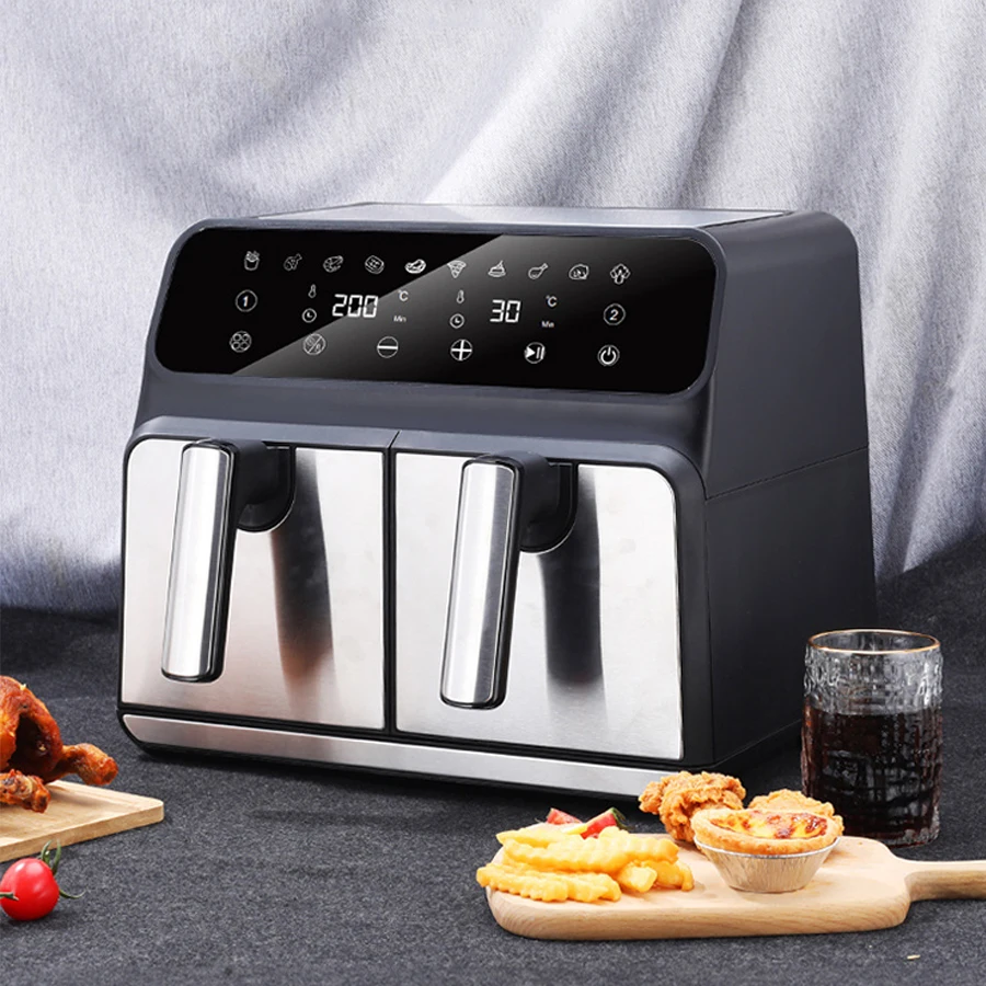 8 L PP+SS Electric 4L + 4L 360 Hot Air 2 Door Double Zone Chamber Baskets Digital Deep Air Fryer Oven with Two Drawer Pot