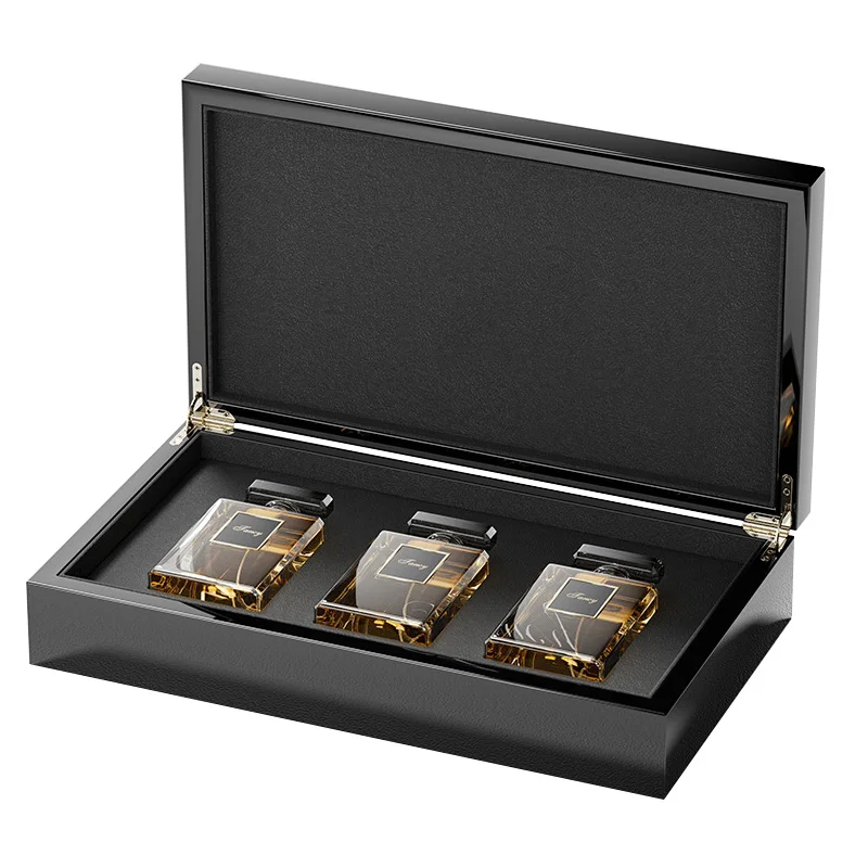 Luxury Arabian Oil Set Bottle Gift Packaging Mdf Wood Drawer Arabic Design Velvet Black Glossy Piano Lacquer Perfume Wooden Box