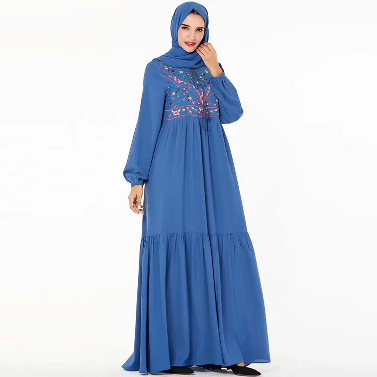
MXCHAN Middle Eastern Blue embroidery abaya muslim dresses maxi abaya designs dubai 