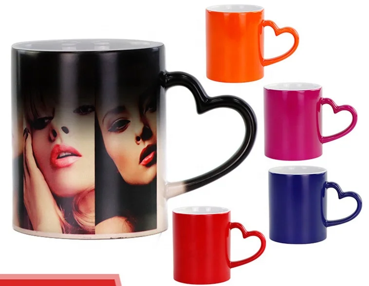 Custom thermal transfer color change coating cup heart-shaped handle magic tumbler heat transfer sublimation ceramic mug