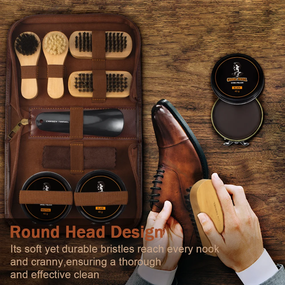 Ideal Gift 9pcs Shoe Cleaning Kit Travel Shoe Shine Kit Shoe Horn Brush Shine Cloth PU Leather Carry Bag For Men