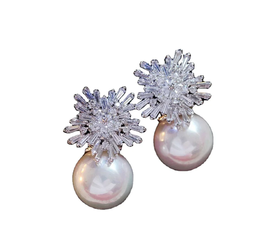 Square Austrian Cubic Zirconia Stud Earrings for Women Fashion Imitation Pearl Snow Flower Bridal Girl