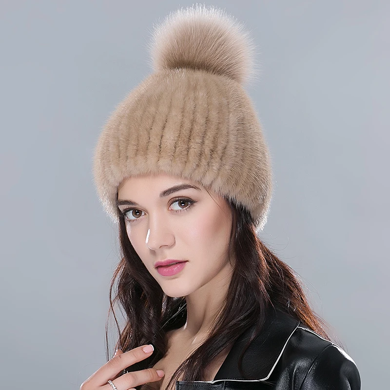 Real Mink Fur Hat Female High Quality Thick Warm Winter Hats For Women Fashion Luxury Knitted Fur Pompom Beanies