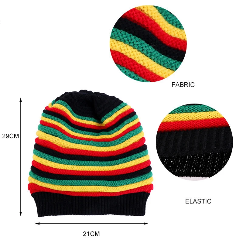 Custom Hip Hop Reggae Rainbow Striped Unisex Crochet Knitted Slouchy Baggie Jamaican Rasta Beanie Hat