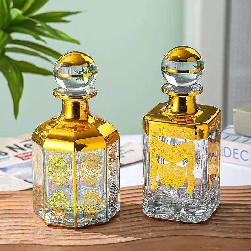 Top Grade Bottles Gold Dubai Style Perfume Bottle Glass Electroplating Golden Pattern 150ml 200ml Perfume Spray Bottle