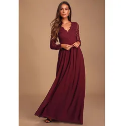 Elegant V Neck Backless Boho Style Bridesmaid Long Lace Sleeve Evening Dress For OEM