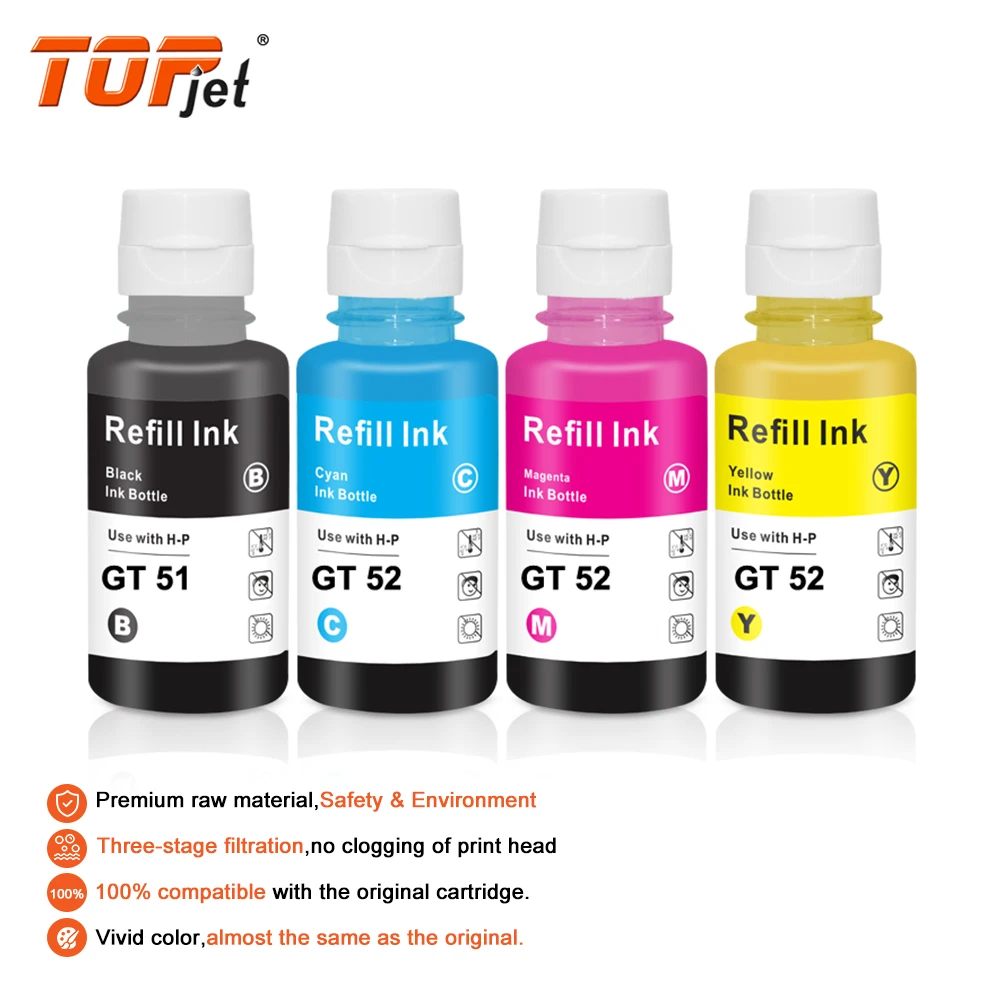 Topjet GT51 GT 51 52 53 Compatible Bottle 53XL GT52 GT53 GT53XL Water Based Refill Ink Tinta for HP 415 5810 Printer