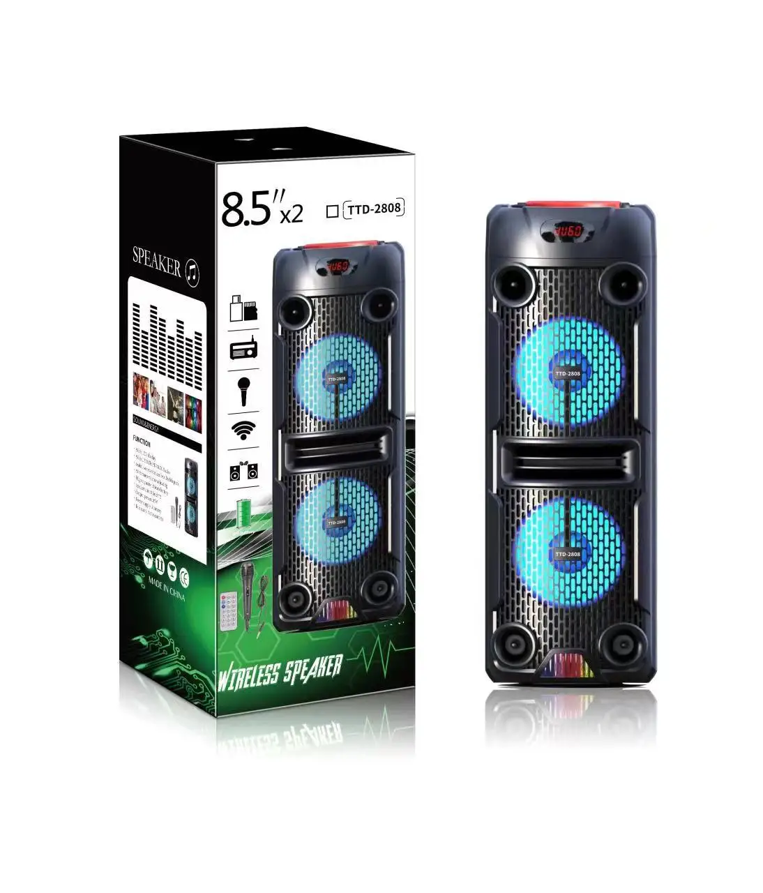 TTD-2808 20W Double 8 inch Remote Control Wireless Mic Home Theater Outdoor Portable Karaoke Party BT Smart Stereo Speaker