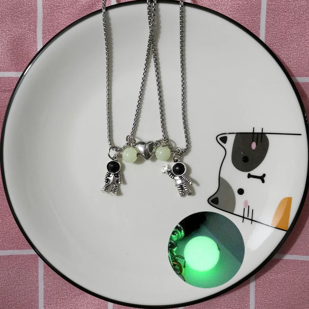 2PCS Luminous Hexagonal Column Magnetic Couple Necklace for Women Men Romantic Geometric Pendant Astronaut Jewelry
