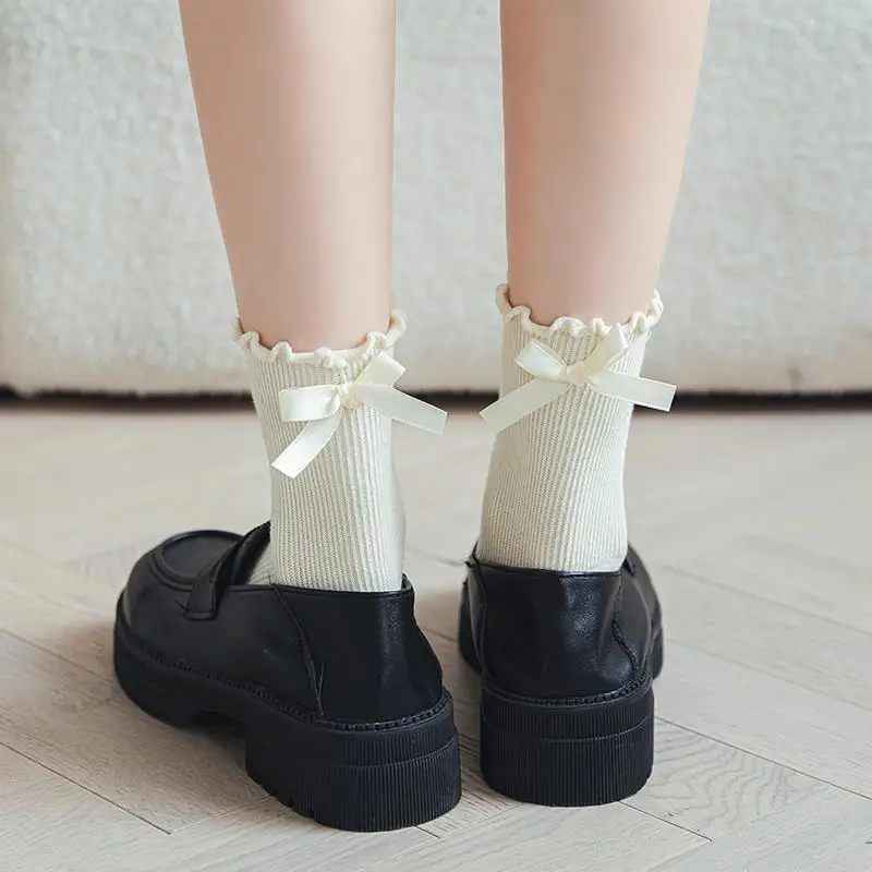 Hot Selling Lovely Stylish Ruffle Soft Cotton Girl Women Crew Socks With Bow