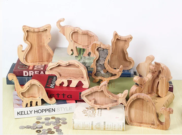 Custom wooden cartoon transparent Piggy coin bank kids money saving storage cash collecting box safe surprise gift