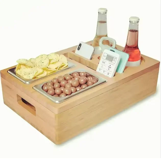 Removable Lid Design Bamboo Single-Tier round Cup & Drink Holder with Snack Tray Caddy for Kitchen Couch Sofa or Bed