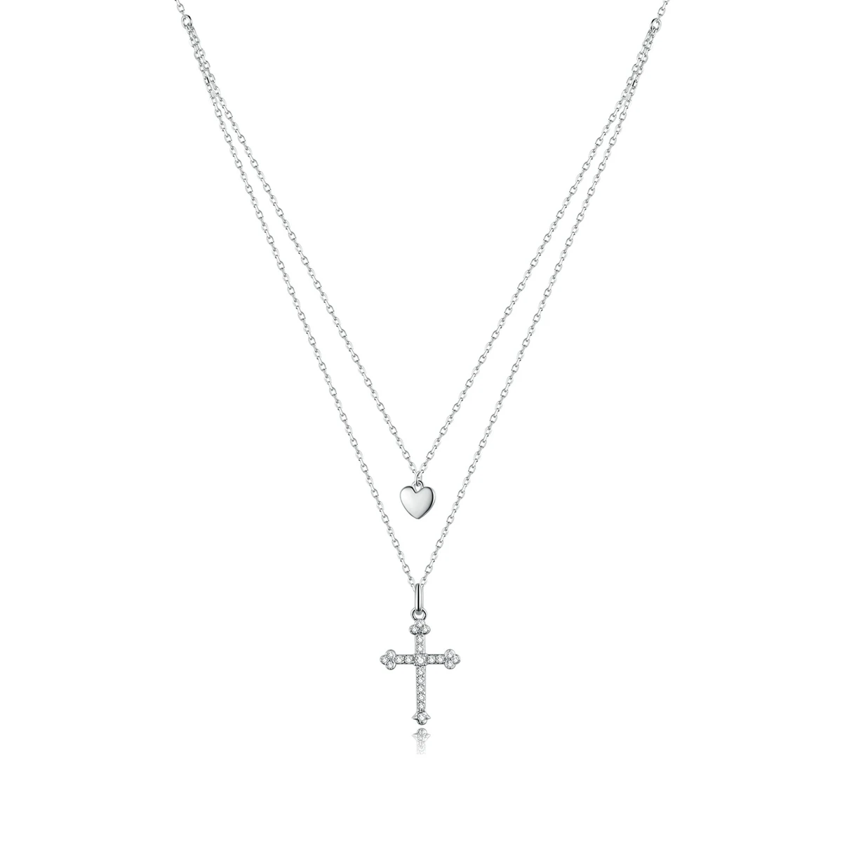 925 Silver Jewelry Double Chain Heart Cross Pendant Necklace for Women with Zircon Gemstone