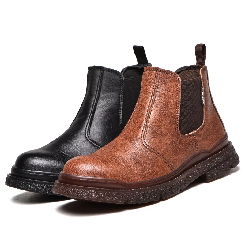 Smooth Leather Slip on Waterproof Oil Resistant Safety Boots for Men Outdoor No Lace Safety Shoes With Steel Toe