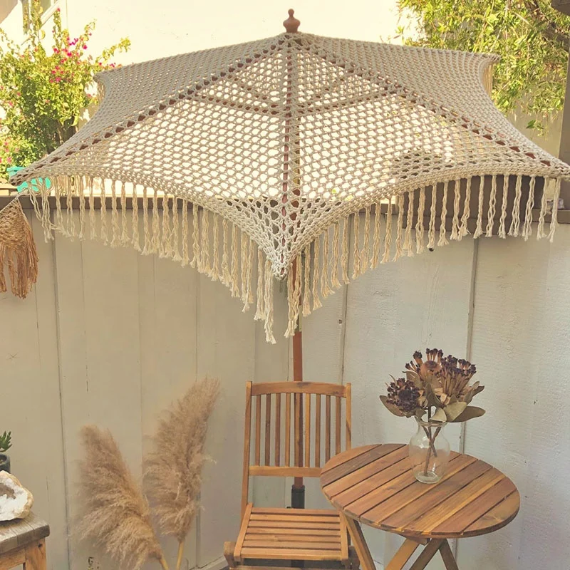 Bali Outdoor Wooden Pole, Patio Sun Parasol Hand-tied Cotton Woven Macrame Fringe Canopy Beach Umbrellas With Tassel For Garden/