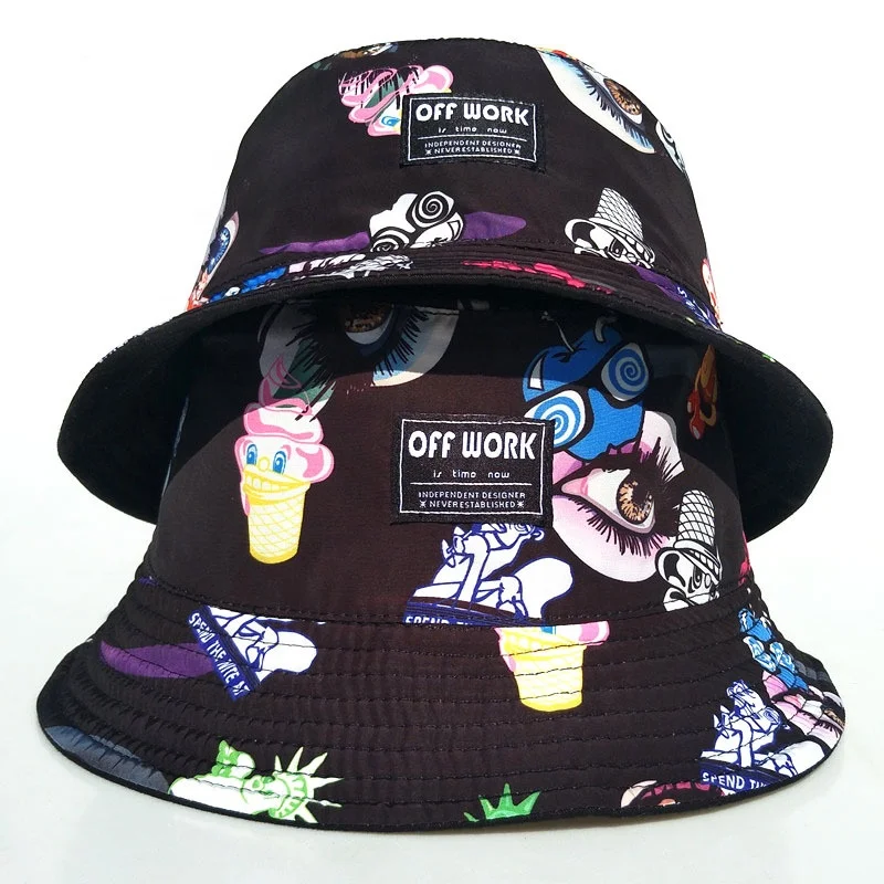 custom polyester material double sides sublimation digital printing pattern fishing hat reversible 100% cotton bucket hats