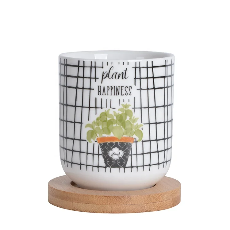 Wholesale Ceramic Tea Cup With Wooden Saucer Set Stoneware Coffee Mug Without Handle