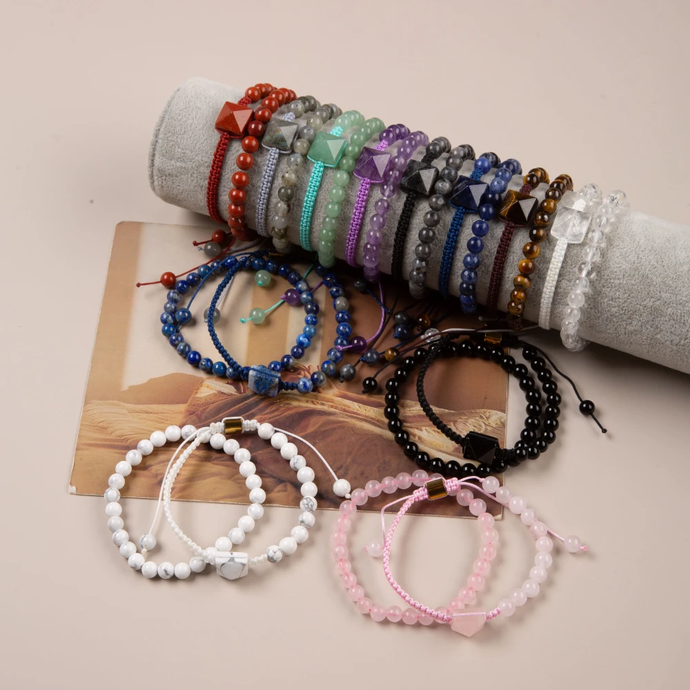 2PCS Natural Stone Bracelet Amethyst Pyramid Bracelets Set Agate Tiger Eye Beads Elastic Bracelets Unisex