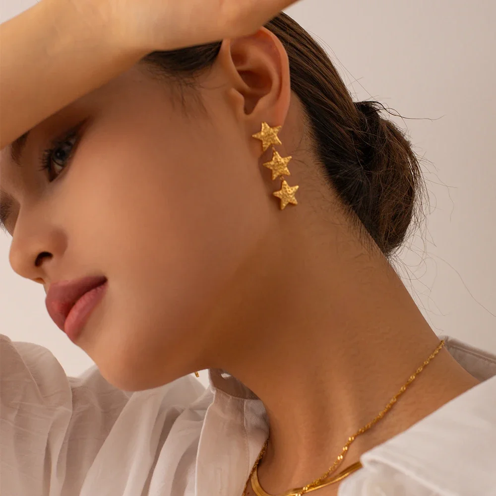 New Arrival 18K Gold Plated Stainless Steel Star Earrings Women Beautiful Style Waterproof Texture Bump Three Stars Drop