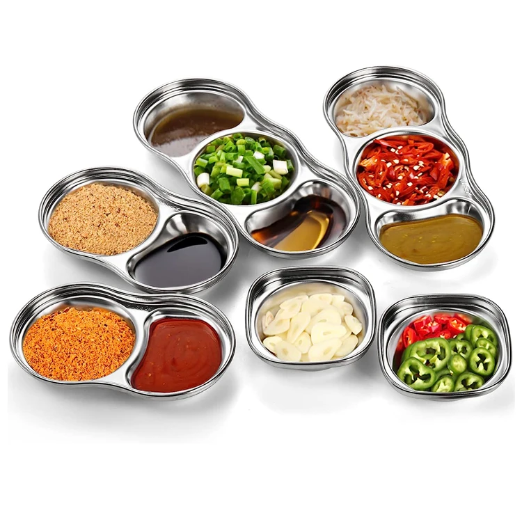 Unique Grid Design 3Pcs Condiment DIsh Stainless Steel Dipping Bowls  Korean Divided Sauce Dishes