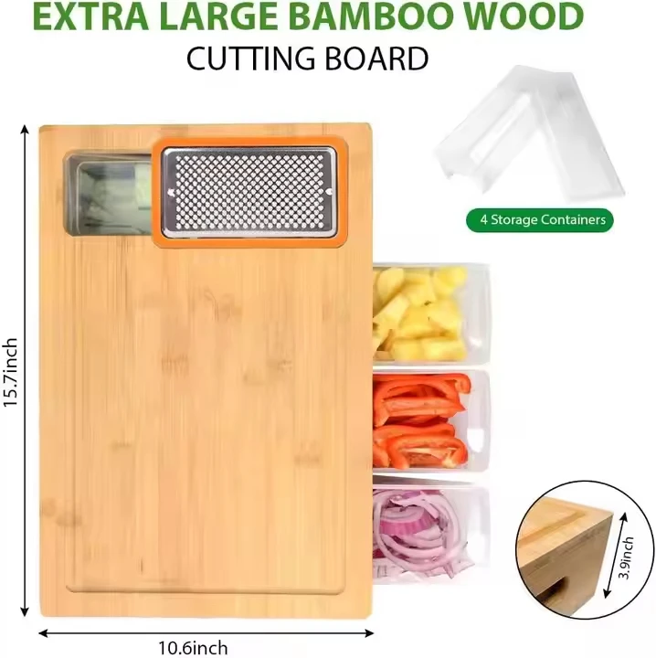 Bamboo Large Cutting Board with 4 Container Wood Cutting Board Chopping Blocks with Tray Draw Wood Butcher Blocks