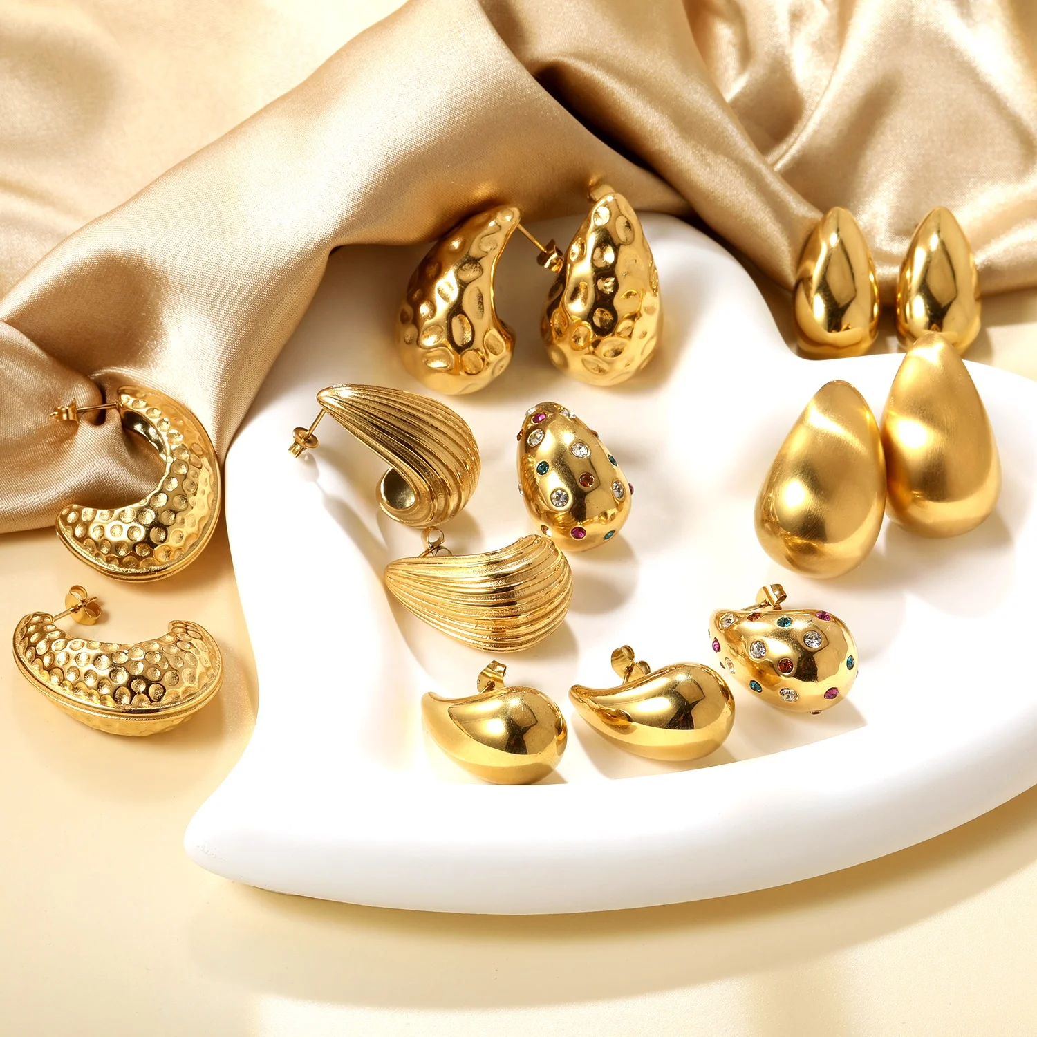 waterproof 18k gold plated teardrop heart stud earrings stainless steel jewelry colourful diamond designer earrings for women