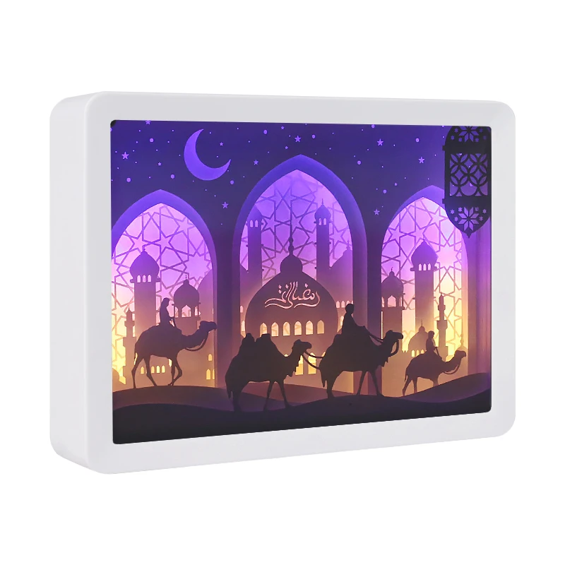 Factory direct sale Eid al Fitr paper carving lamp with multiple colors optional ABS plastic frame customization (1600251007130)