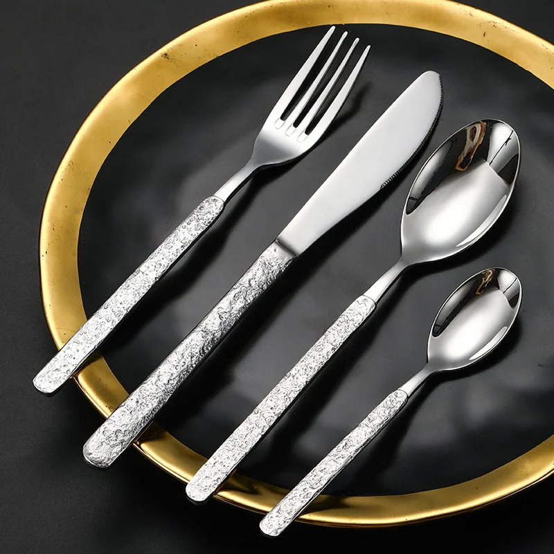 New Reusable Stone Pattern Handle Stainless Steel Flatware Knife Fork Spoon Gold Silverware Restaurant Cutlery Set