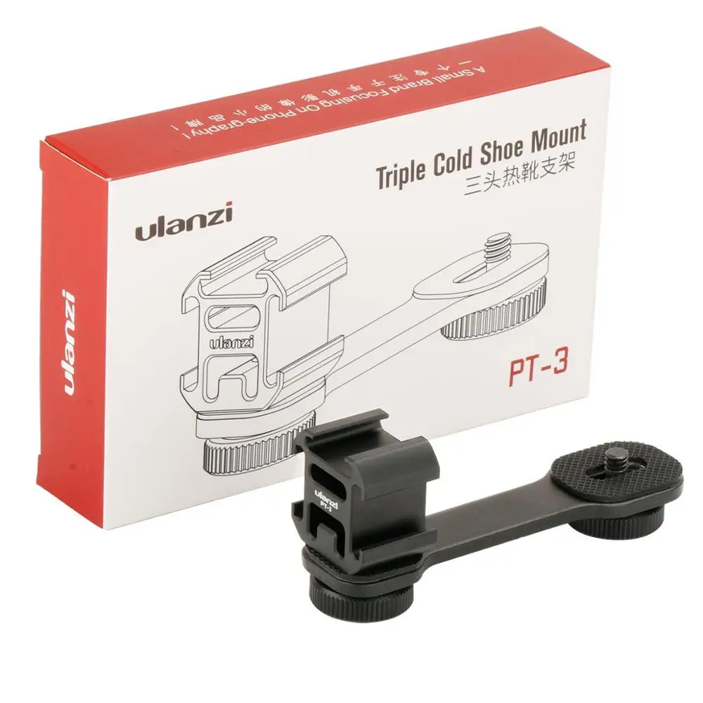 Ulanzi PT-3 Triple Hot Shoe Mounts Microphone Led Video Light Extension Bracket Stand Compatible for Phone Camera Gimbal