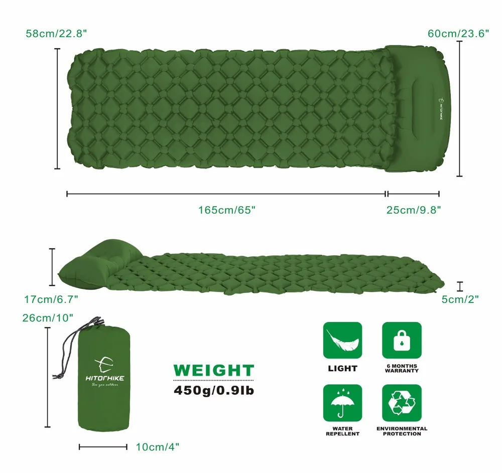 Hithorhike Camping Mat Sleeping Mat Inflatable Mattress Sleeping Pad with attached pillow