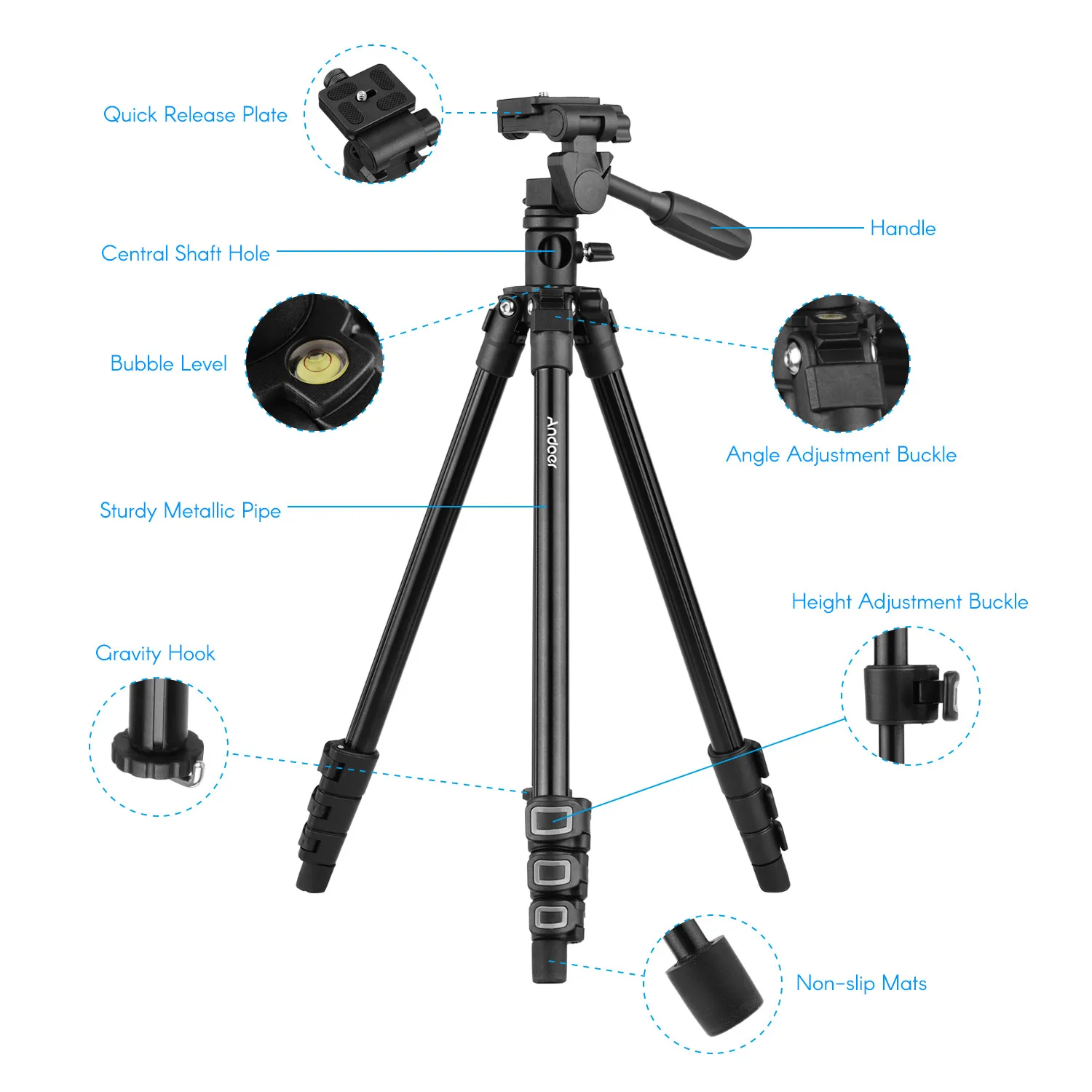 Andoer Q160HA 3-Way Pan & Tilt Head Horizontal Mount Professional Camera Tripod Stand