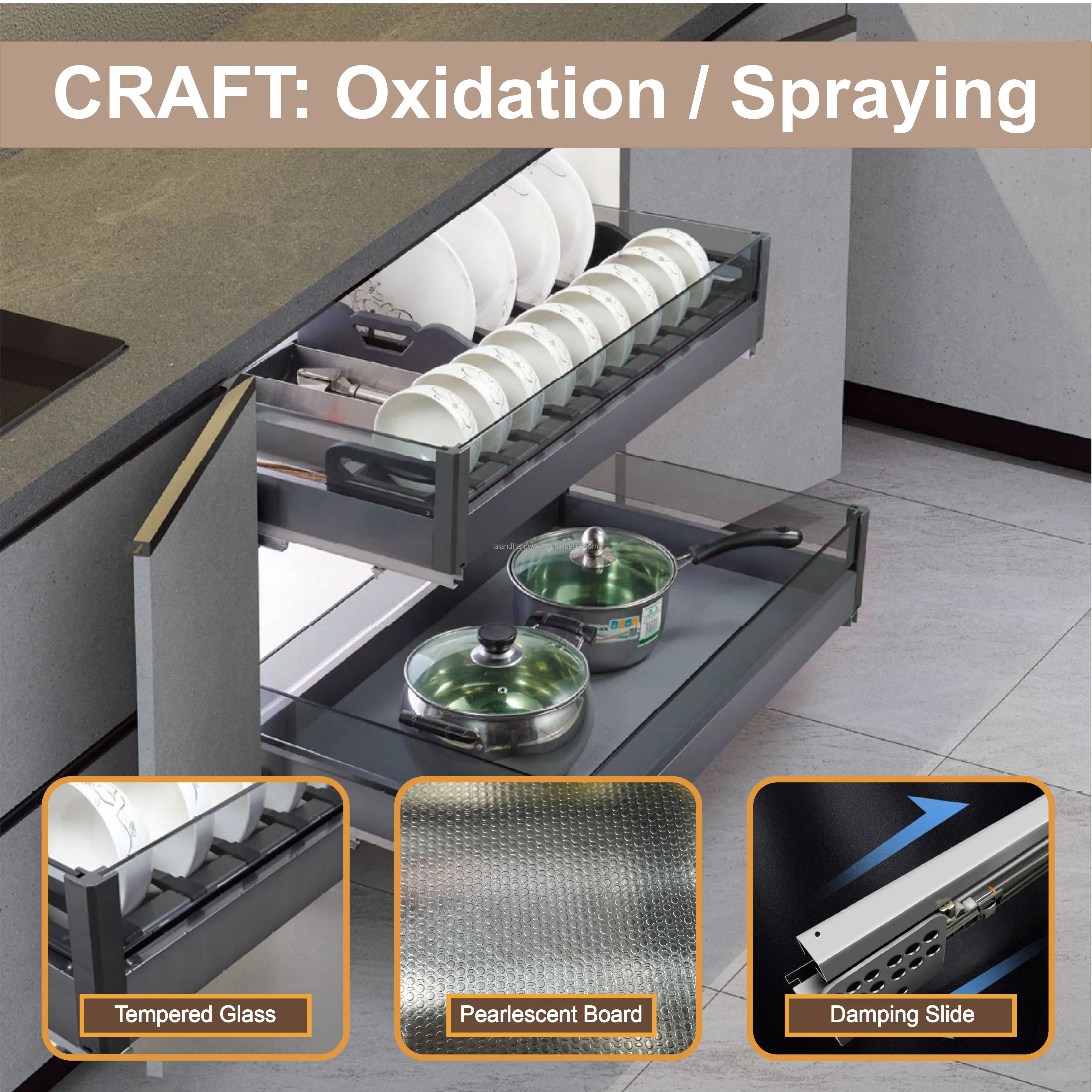 Kitchen Dishes Adjustable Dividers Rack Aluminium Frame Drainer Single Floating Sliding Shelves Glass 4 Sides Pull Basket