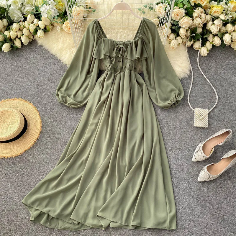 Vestido осень шикарные повседневные платья с длинными рукавами для женщин девушек элегантное французский в ретро-стиле квадратным вырезом буффами на рукавах длинное платье
