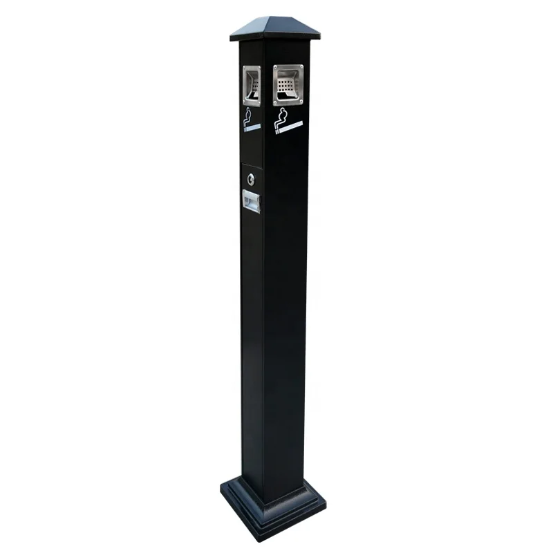 
129M 02 Iron black baking paint outdoor standing ashtray bin with custom ashtray smoker outpost stand metal cigarette butt bins 