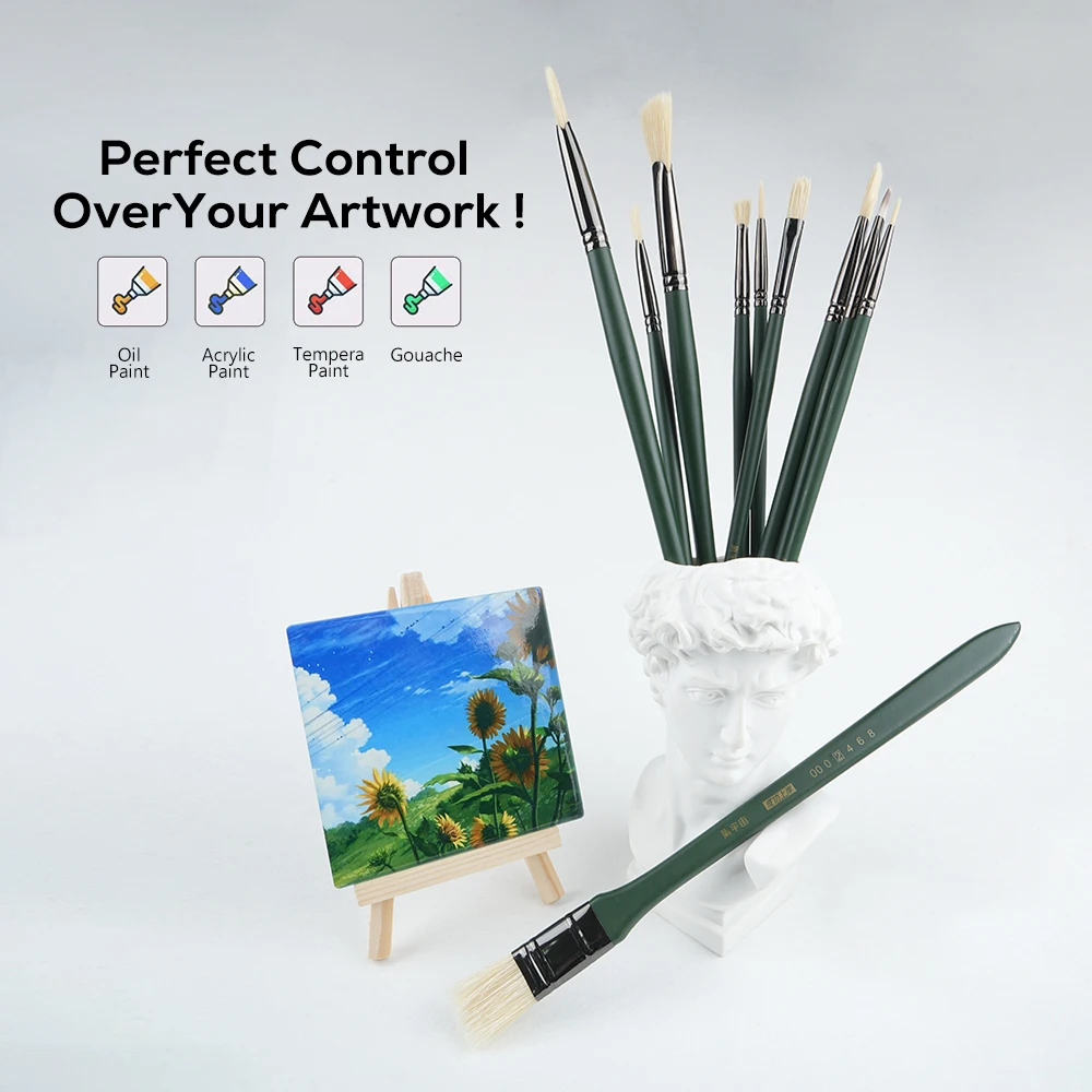 Artist Painting Drawing Brushes 10 Pieces Flat Hog Bristles Wooden Handle Set For Oil Colors Watercolor Acrylic