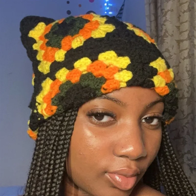 Wholesale Custom Fashion Handmade Crochet Hat Hand Knit Halloween Multicolor Granny Square Hat Crochet Knitted Hats