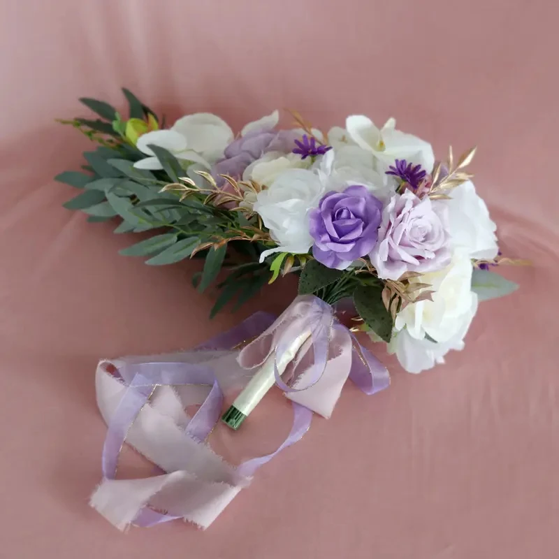 SPH029 Custom Forest Style Artificial Wedding White Purple Water Drops Holding Flowers Wedding Bride Holding Bridal Bouquet