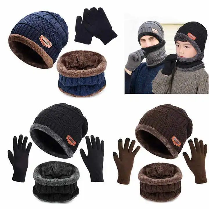 Soft Thicken Wool Ski Hat Men Neck Warm Winter Wool Cap Bucket Hat Set 3 In 1 Men Girl Beanie Knitted Gloves Scarf Set