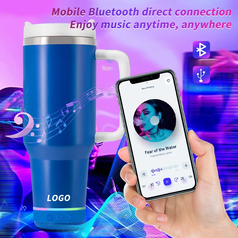 Custom logo & Box Reusable 1200ml Double Wall Tumbler 40oz Stainless Steel Travel Mug with Durable Bluetooth Speaker