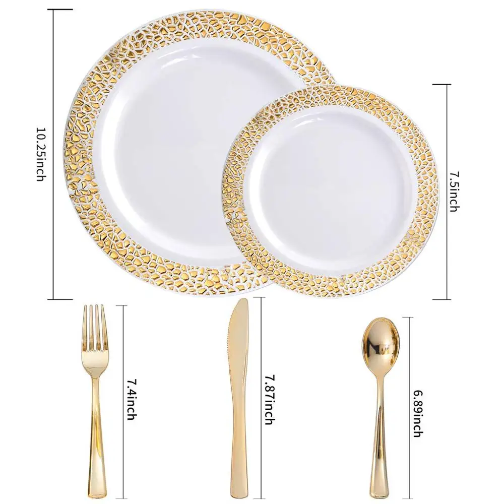 Gold Plastic Plates Disposable Silverware,Hammered Design Plastic Tableware Dinner Plates,Salad Plate Forks, Knife,Spoon