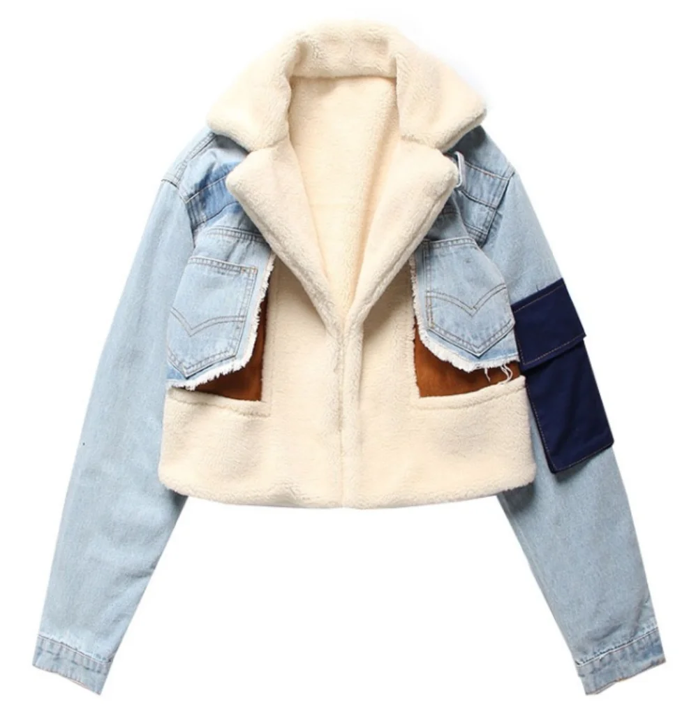 
custom fashion women jeans denim jacket warm winter coat women jacket fur short coats blue jean outfits for woman trendy 