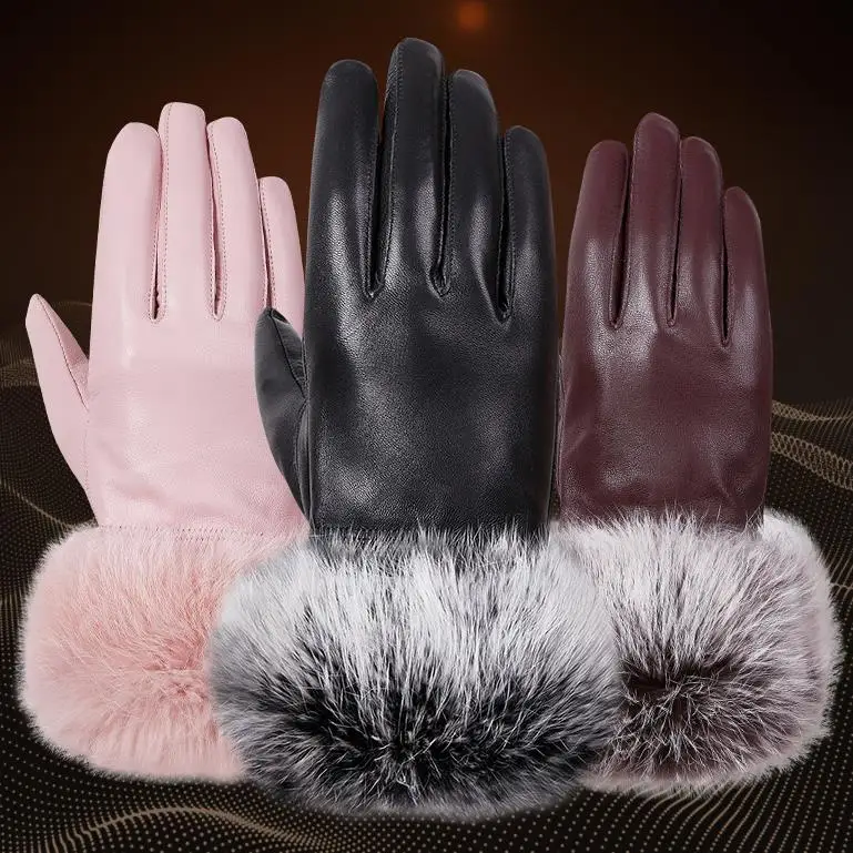 Fashion New Women Winter Sexy Real Sheep Leather Real rabbit Fur Real Leather Gloves Mittens