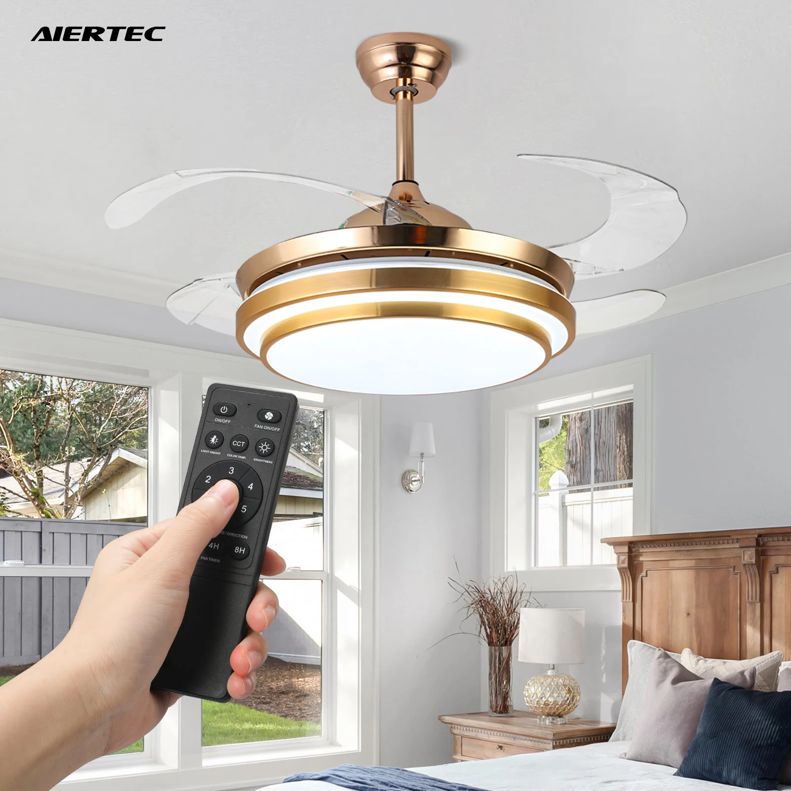 AIERTEC 42 ''люстра с 4 лезвиями ABS полностью медный мотоцикл, выдвижной Невидимый светодиодный потолочный вентилятор с подсветкой и пультом дистанционного управления